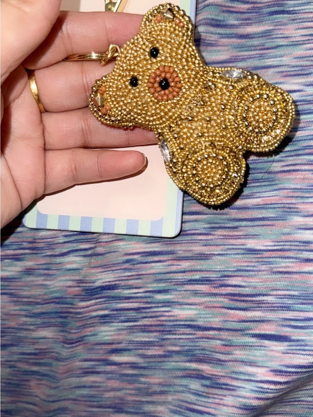 Handbeaded Beaded Teddy Bear Keychain Bag Charm - Gold